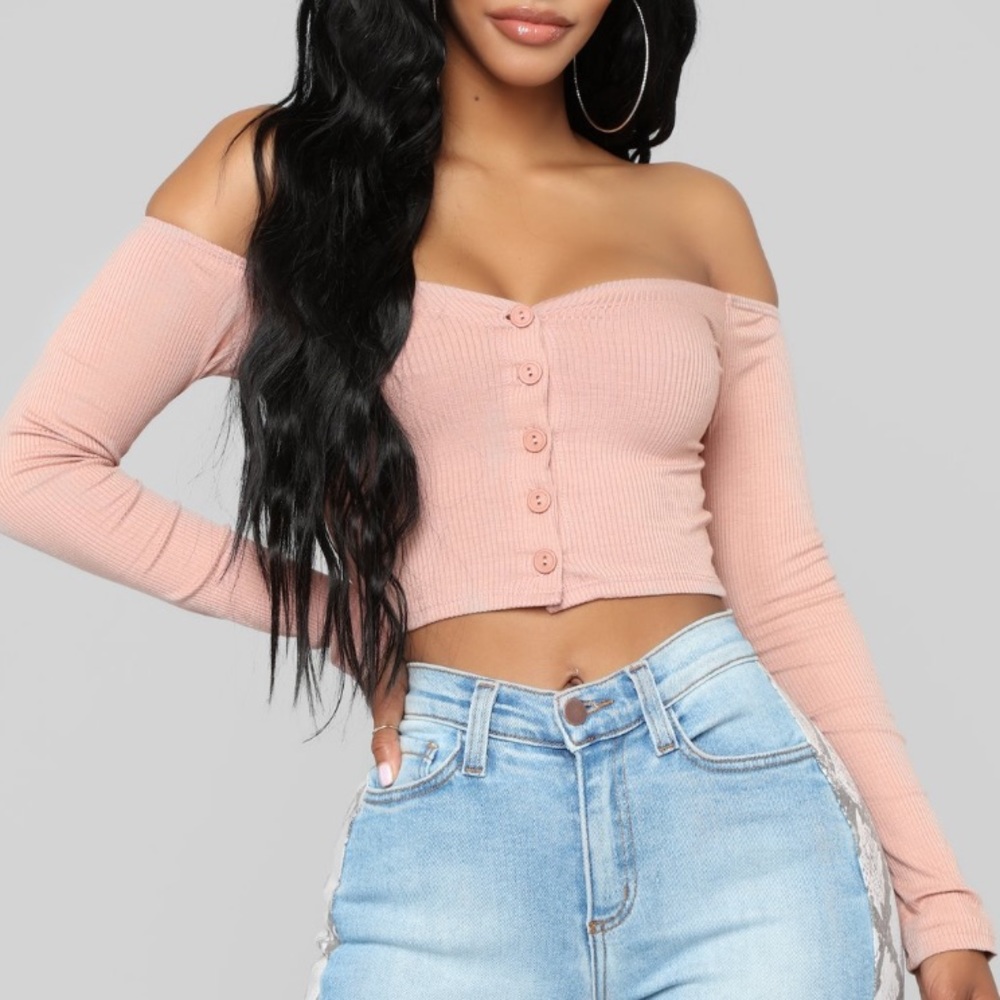 Long Sleeve Button Pink Crop Top